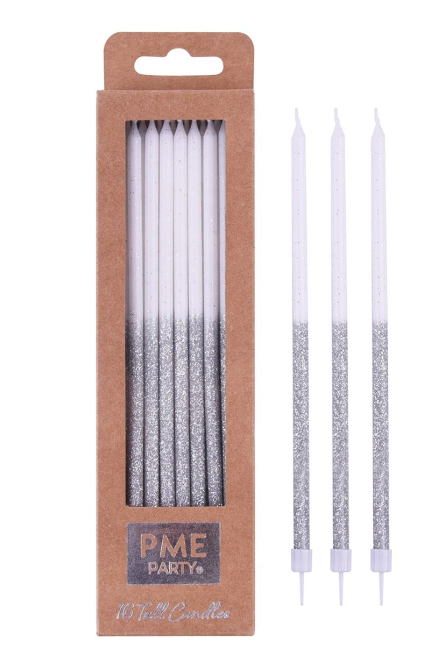 Candles - Silver Glitter Extra Tall W/ Holders (7") - Pk/16 Birthday Candles PME