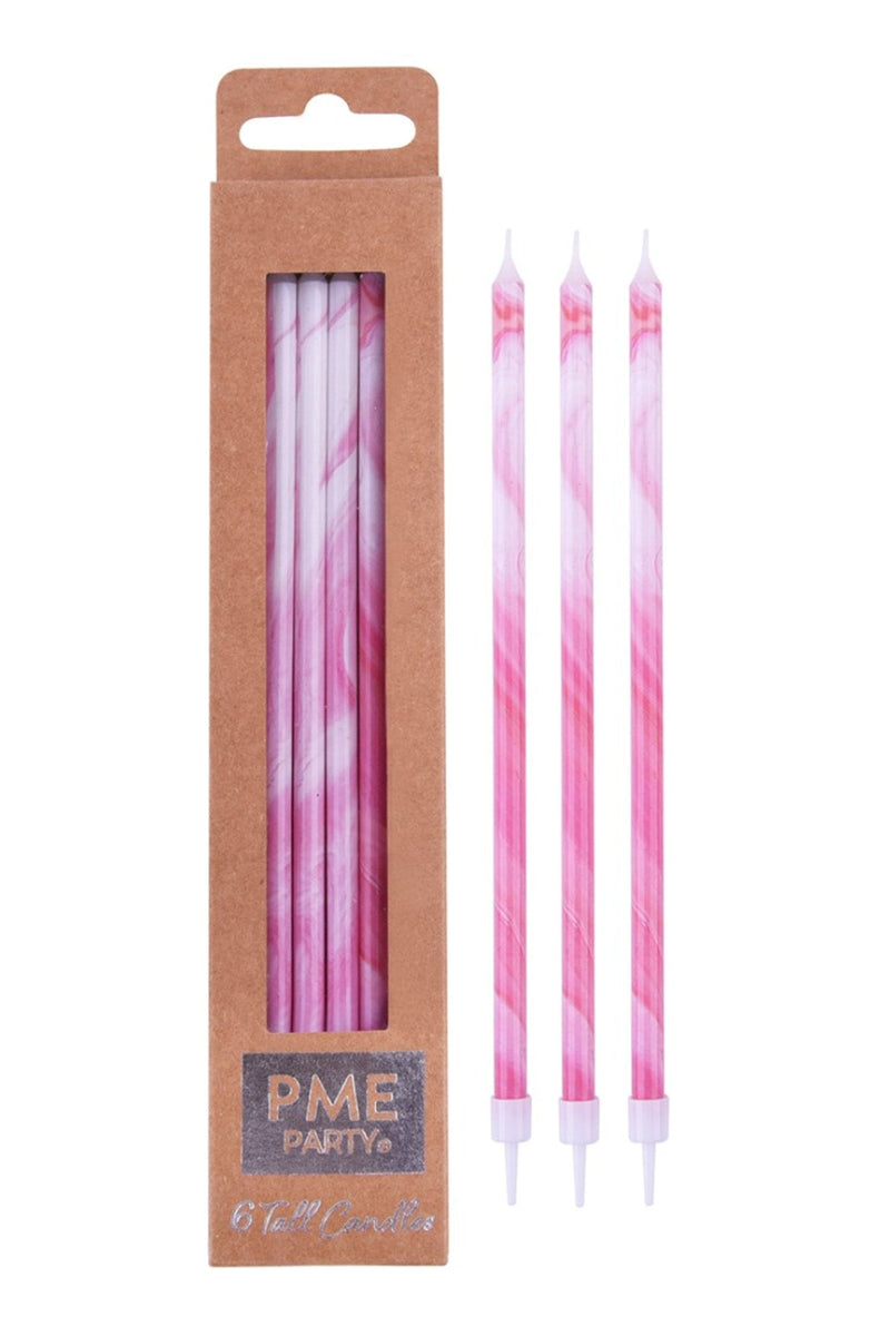 Candles - Pink Marble Extra Tall W/ Holders (7") - Pk/6 - SimplyCakeCraft