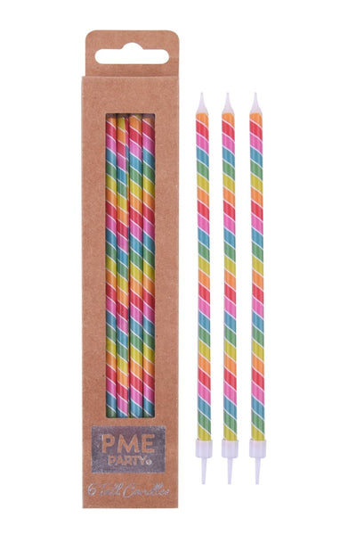 Candles - Rainbow Stripes Extra Tall W/ Holders (7") - Pk/6 - SimplyCakeCraft